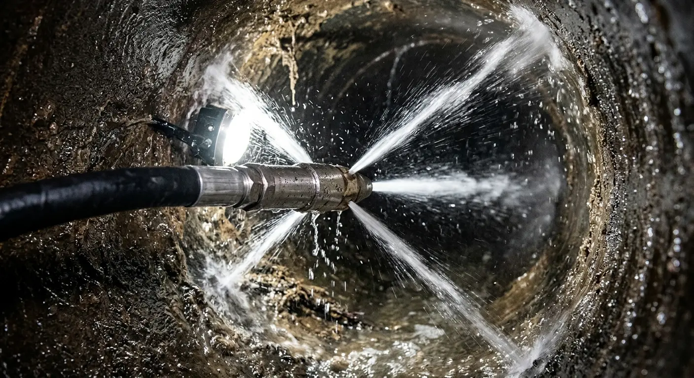 High-pressure hydro jetting nozzle cleaning sewer pipe for Sewer Line Relining in East Hartford