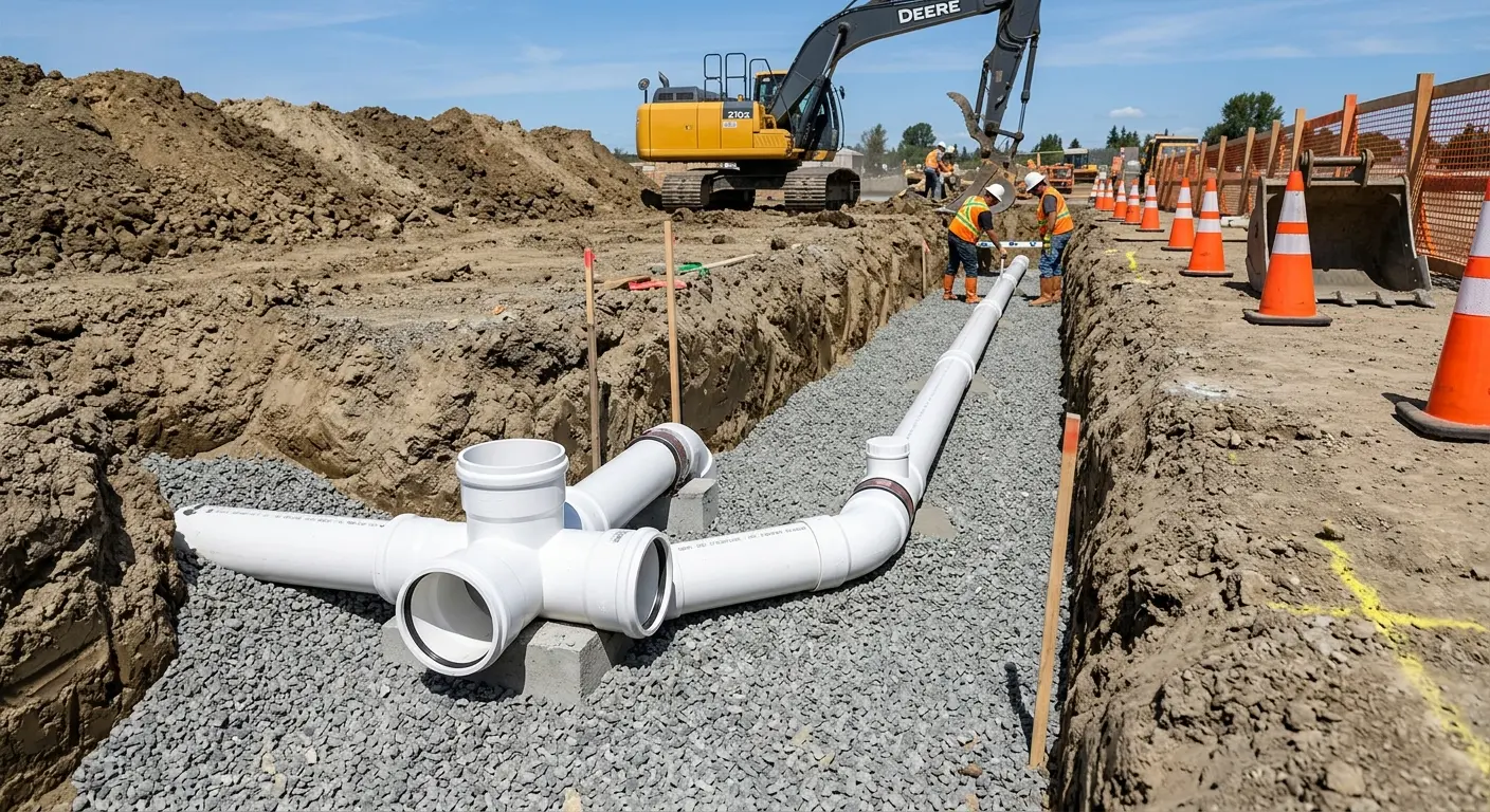 New PVC sewer pipe installation in open trench for Sewer Backup in East Hartford