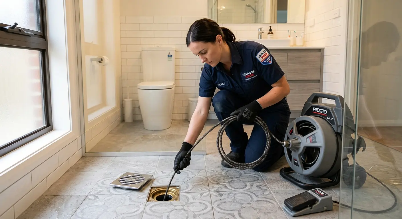 Technician clearing a bathroom floor drain for Sewer Line Replacement in East Hartford
